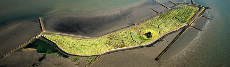 Aerial image of the Hallig Habel inmidst mudflats and water. © Martin Stock.